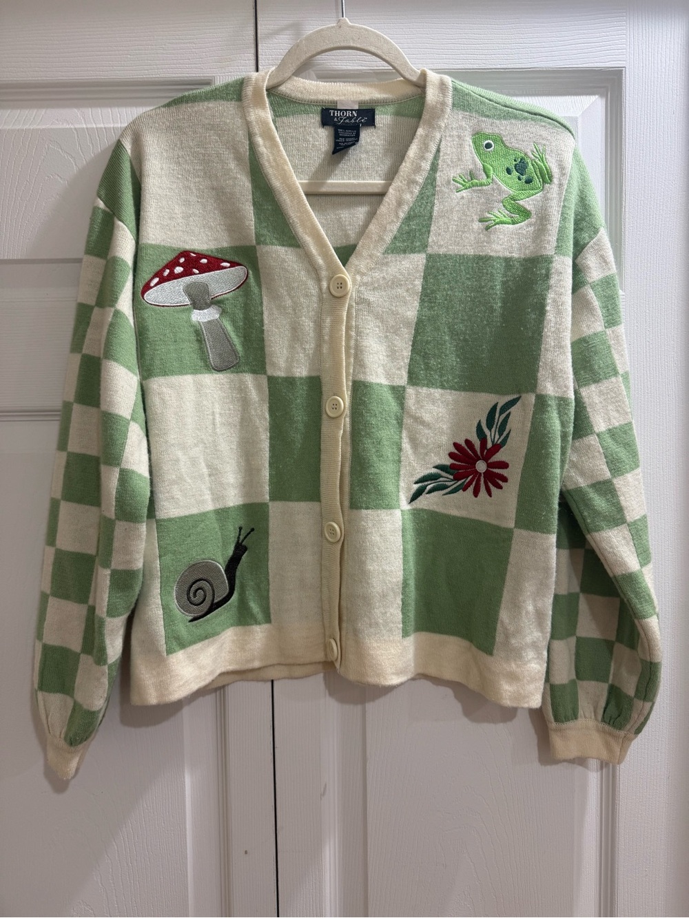 Thorn & Fox Green Check Embroidered Cardigan